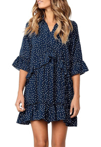 Melchiora | Women's Ruffle Detail V-Neck Jumpsuit in Dark Blue