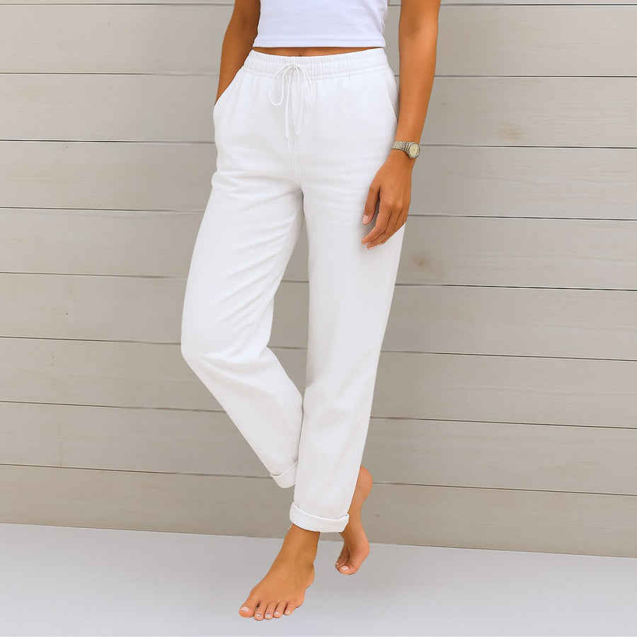 Melisande | Women's Elastic Waist Drawstring Pants in White