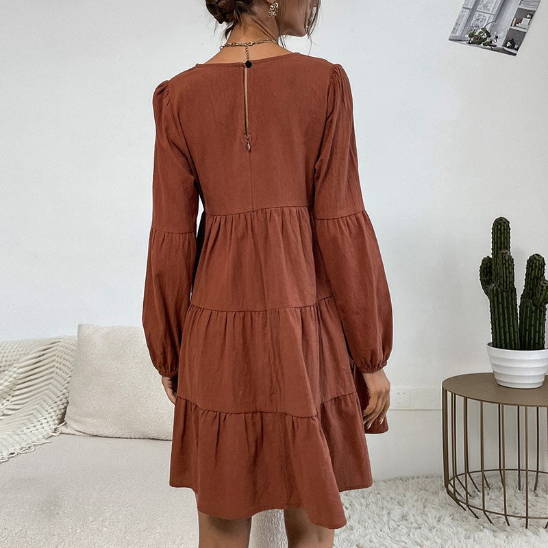 Melitta | Women's Ruffle Detail Voluminous Midi Dress in Chestnut Brown