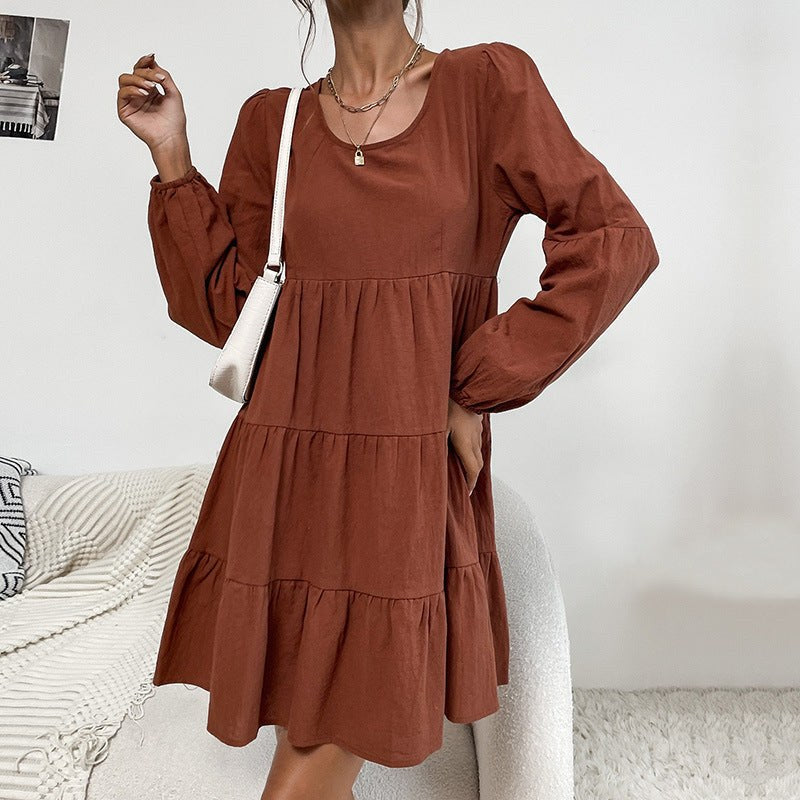 Melitta | Women's Ruffle Detail Voluminous Midi Dress in Chestnut Brown