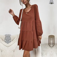 Melitta | Women's Ruffle Detail Voluminous Midi Dress in Chestnut Brown
