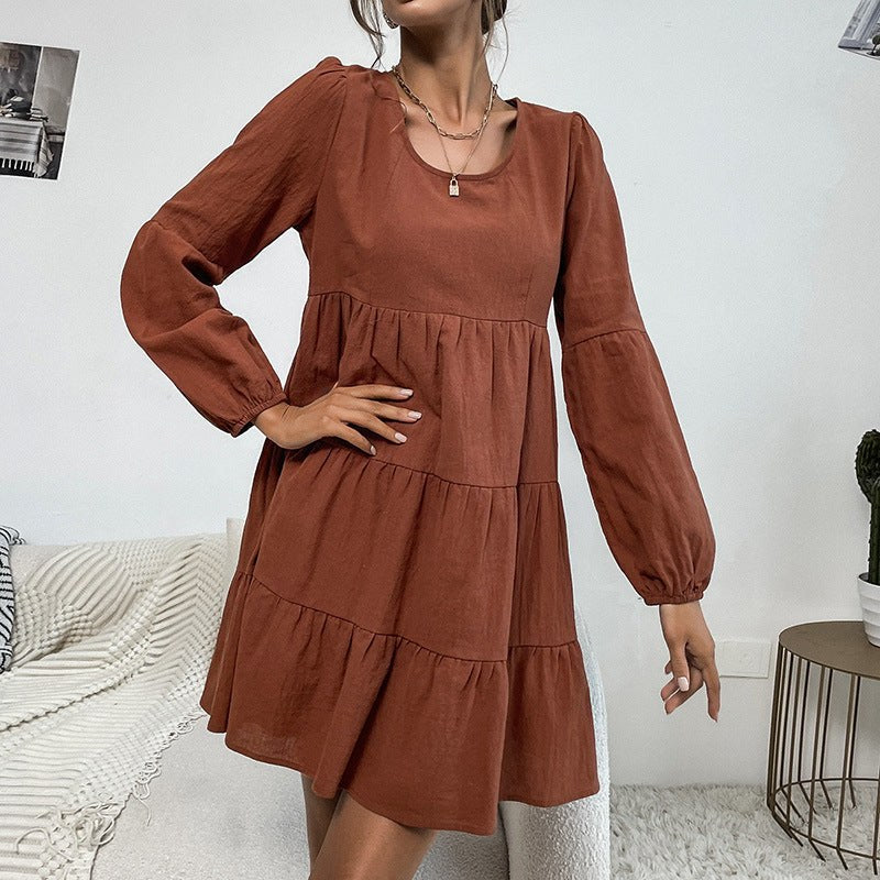Melitta | Women's Ruffle Detail Voluminous Midi Dress in Chestnut Brown