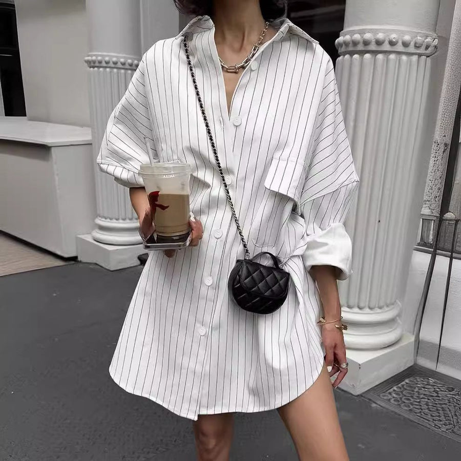 Meredith | Women's Striped Short Sleeve Comfortable Shirt Dress in White