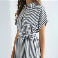 Merle | Women's Waist Belt Striped Belted Fashionable Shirt Dress in Gray