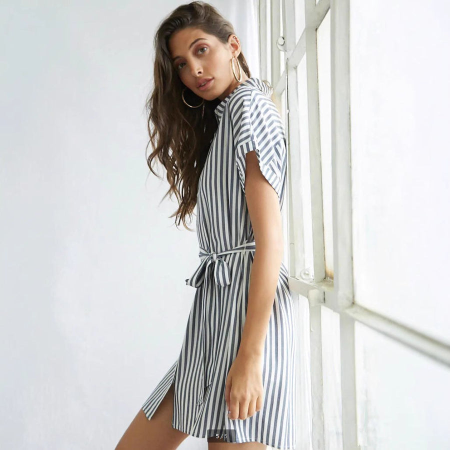 Merle | Women's Waist Belt Striped Belted Fashionable Shirt Dress in Gray
