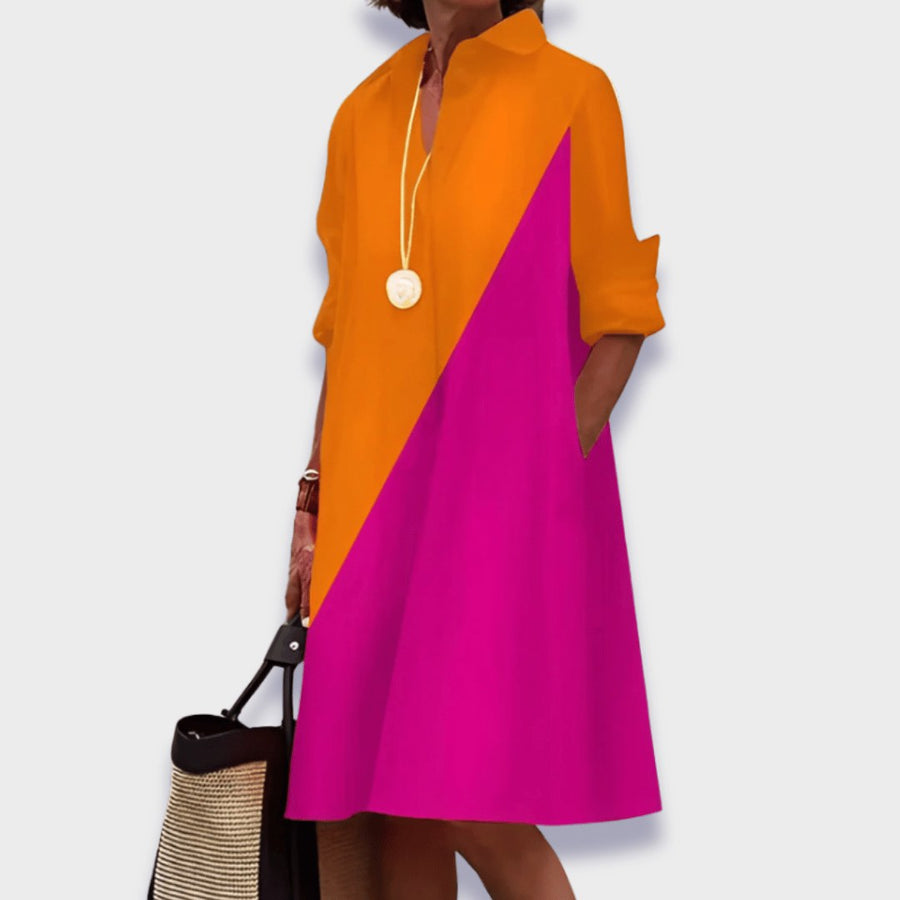Merle | Women's Collared Midi Long Sleeve Polo Dress in Orange & Pink