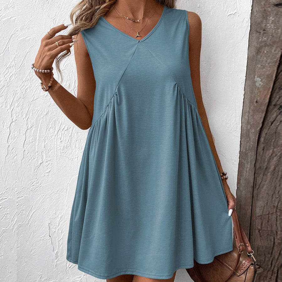 Merveille | Women's V-Neck Flowing Pockets Dress – Casual Dress in Blue