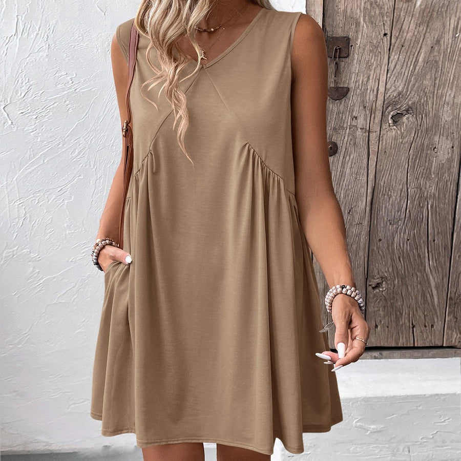 Merveille | Women's V-Neck Flowing Pockets Dress – Casual Dress in Khaki
