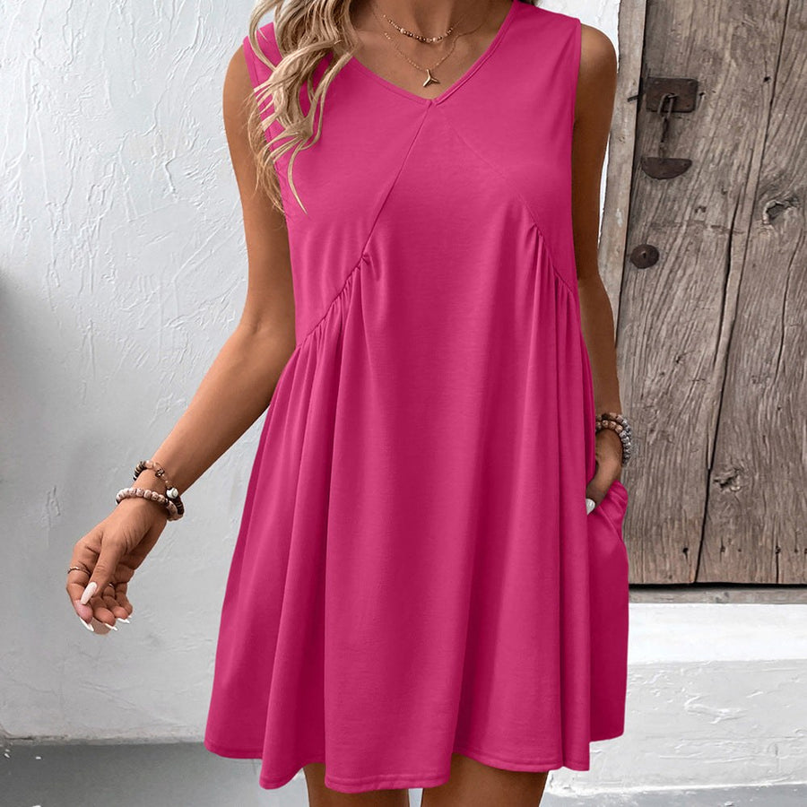 Merveille | Women's V-Neck Flowing Pockets Dress – Casual Dress in Magenta