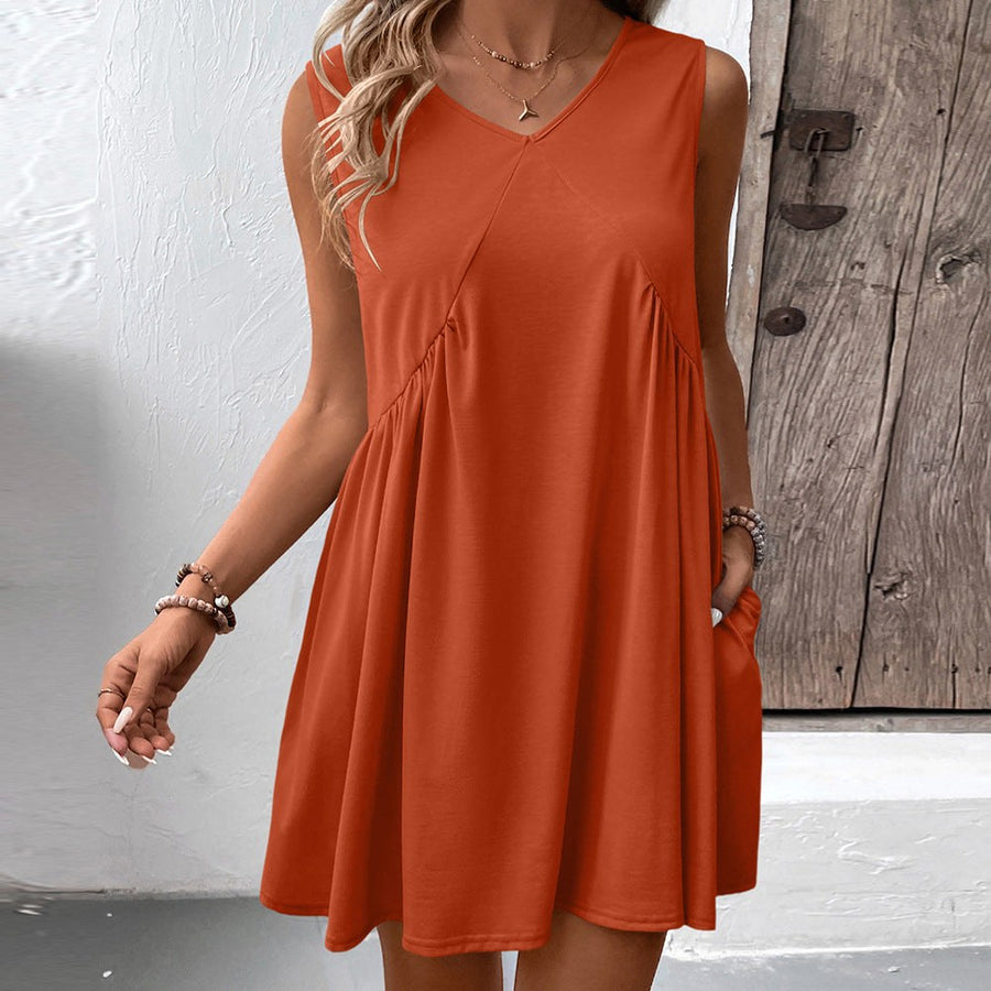 Merveille | Women's V-Neck Flowing Pockets Dress – Casual Dress in Orange
