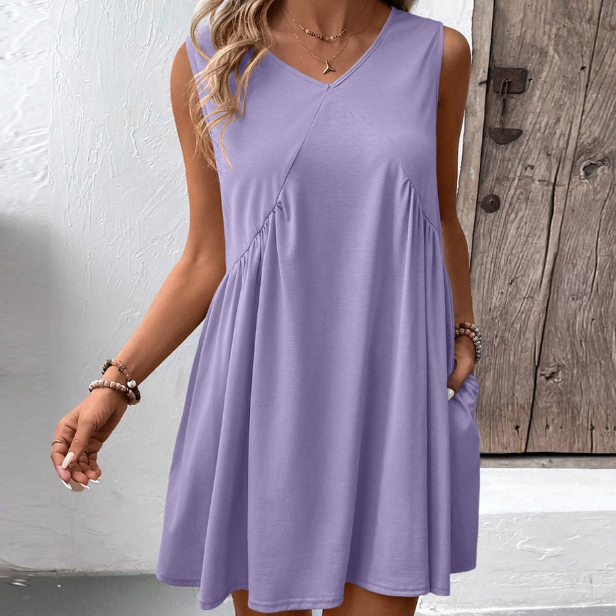 Merveille | Women's V-Neck Flowing Pockets Dress – Casual Dress in Purple