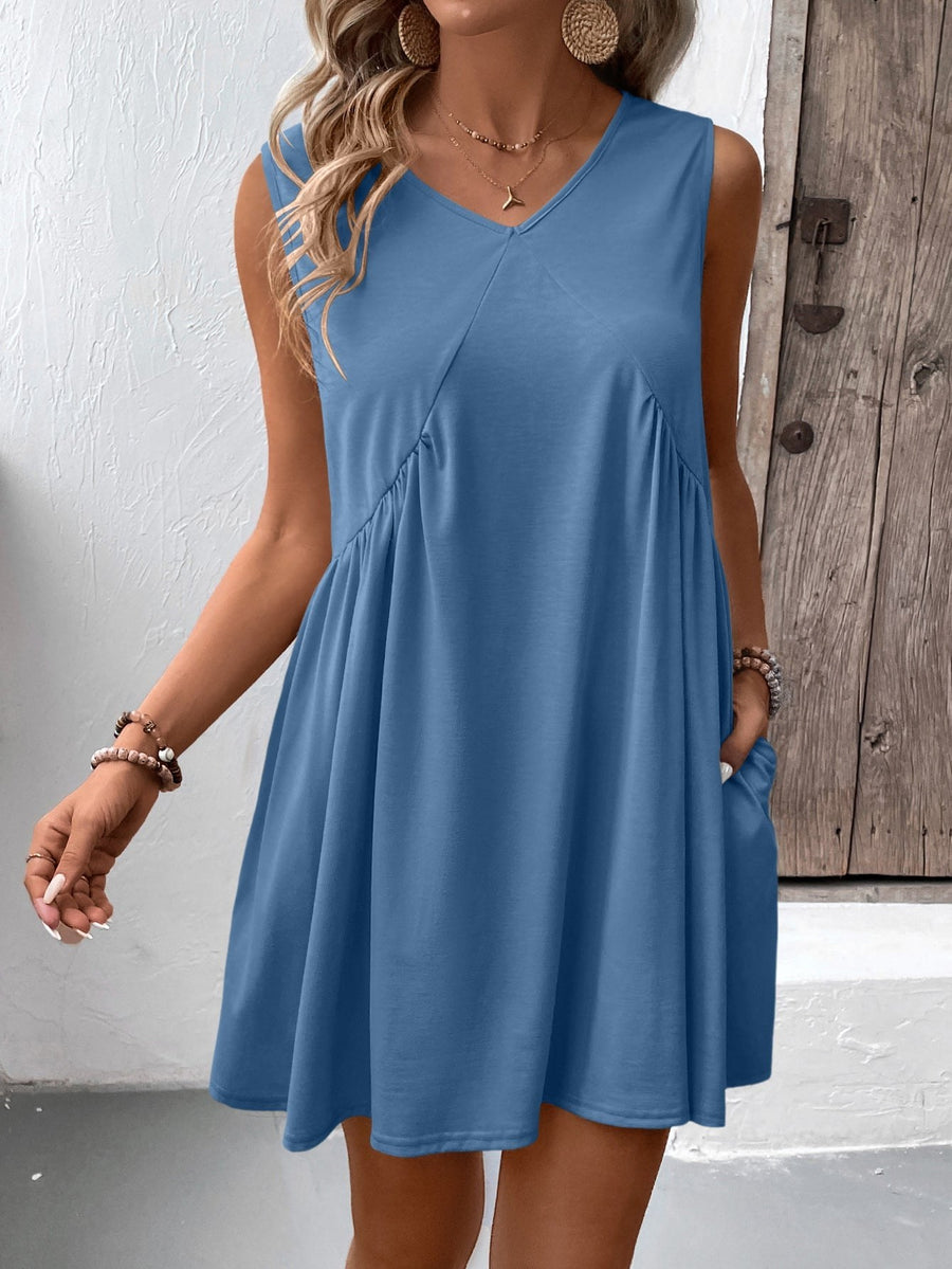 Merveille | Women's V-Neck Flowing Pockets Dress – Casual Dress in Royal Blue