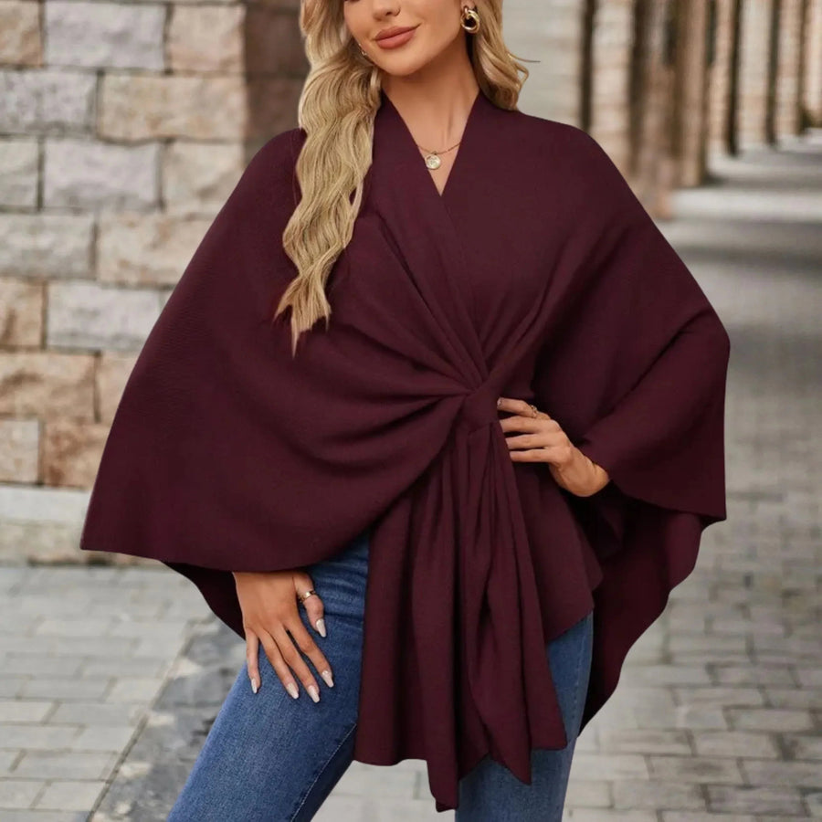 Mia | Women's Draped Wrap Style Poncho in Dark Red