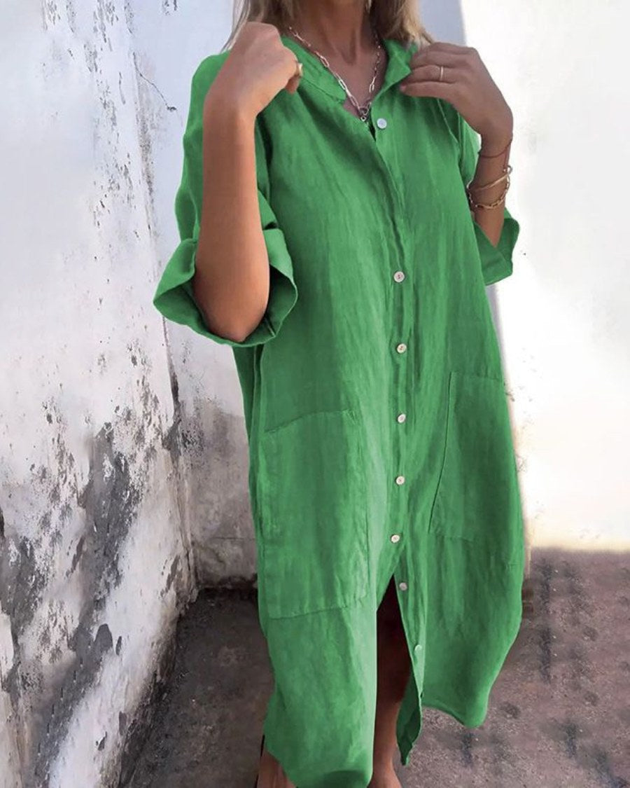 Micaela | Women's Button Front Pocket Design Shirt Dress in Green
