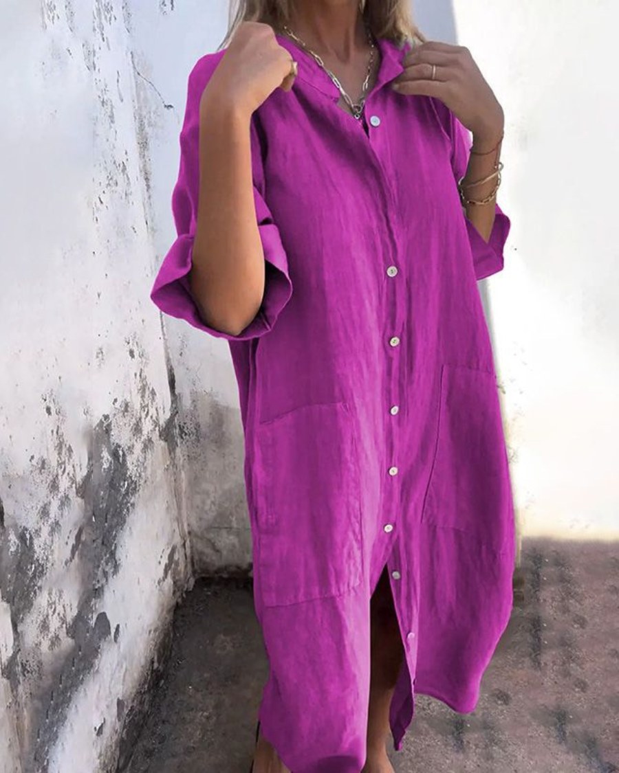 Micaela | Women's Button Front Pocket Design Shirt Dress in Purple