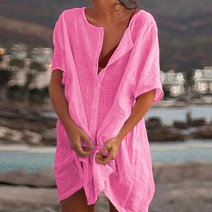 Michaela | Women's Loose Button Front Mini Shirt Dress in Pink