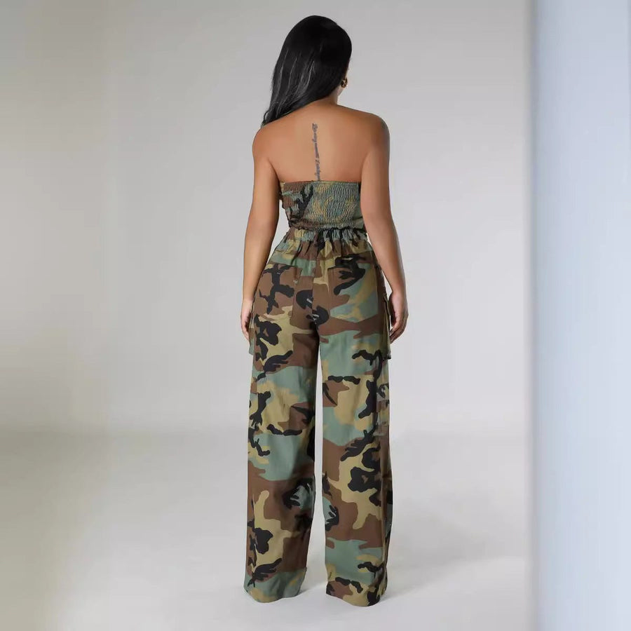 Michaelina | Women's Wide Leg Belted Jumpsuit in Camouflage