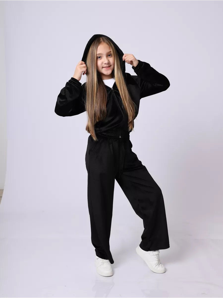 Mila | Women's Zip Velvet Tracksuit Set in Black