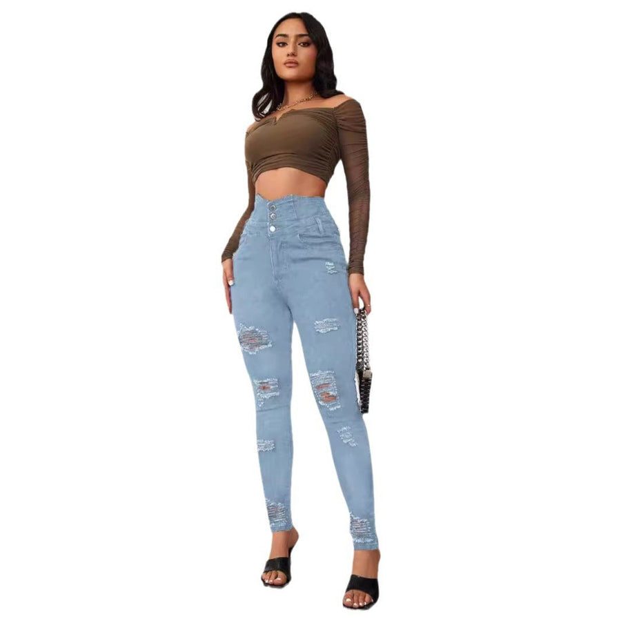 Mildred | Women's Button Detail Fashionable Jeans in Blue