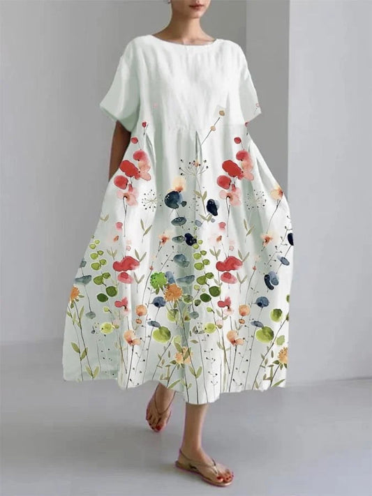 Milena | Women's Floral Long Short Sleeve Maxi Summer Dress in White