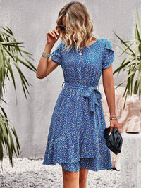 Millicent | Women's Floral Tie Waist Midi Summer Dress in Blue