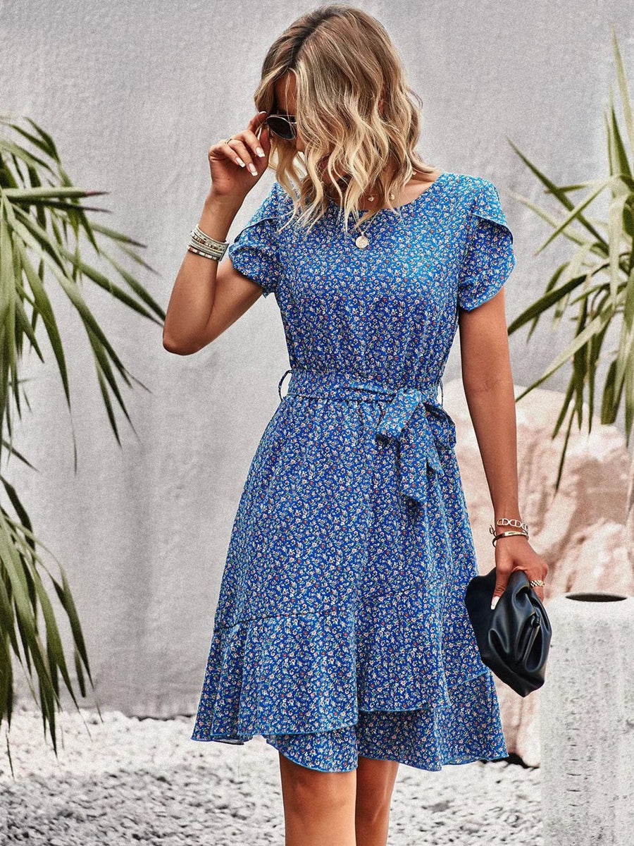 Millicent | Women's Floral Tie Waist Midi Summer Dress in Blue