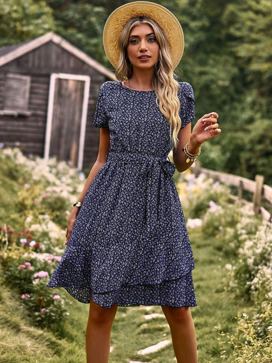 Millicent | Women's Floral Tie Waist Midi Summer Dress in Dark Blue