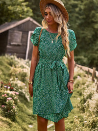 Millicent | Women's Floral Tie Waist Midi Summer Dress in Green