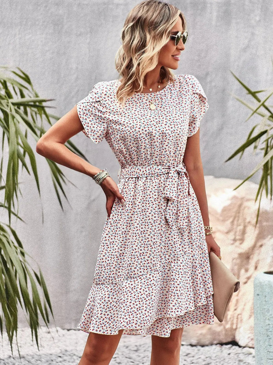 Millicent | Women's Floral Tie Waist Midi Summer Dress in White