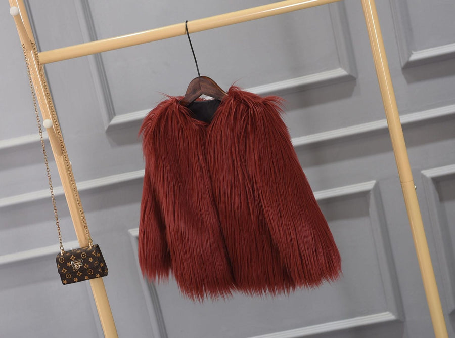Millicente | Women's Voluminous Faux Fur Jacket in Wine Red