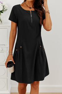 Minerva | Women's Short Sleeve Zip Front Summer Dress in Black