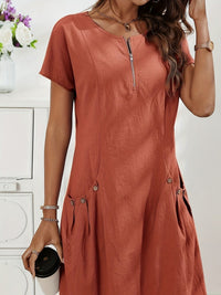 Minerva | Women's Short Sleeve Zip Front Summer Dress in Brown Orange