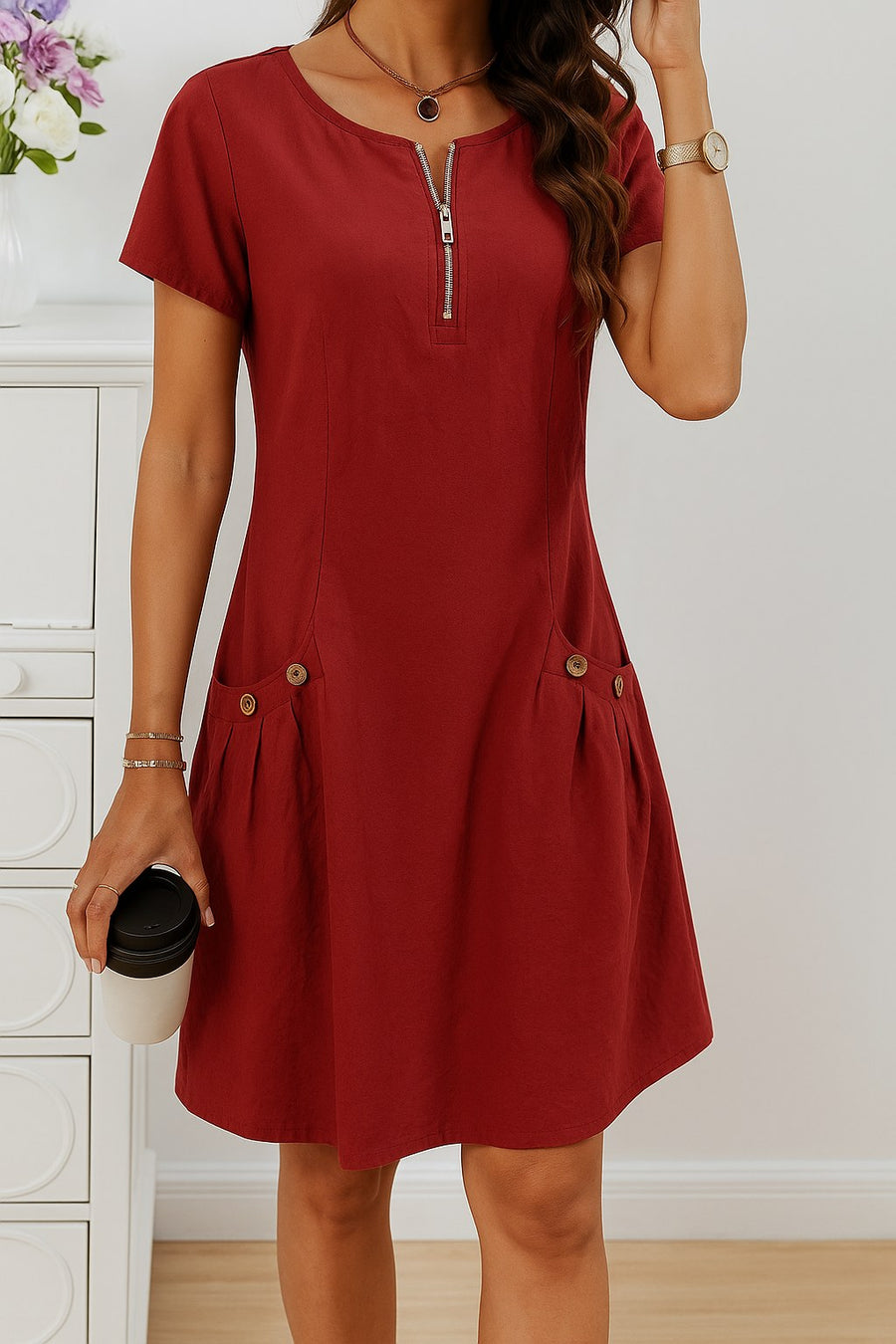 Minerva | Women's Short Sleeve Zip Front Summer Dress in Dark Red