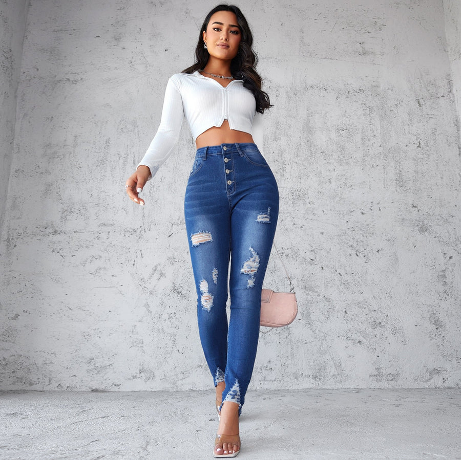 Mirabelle | Women's Button Detail Fashionable Jeans in Blue