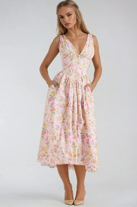 Miranda | Women's Sleeveless V-Neck Midi Summer Dress in Pink