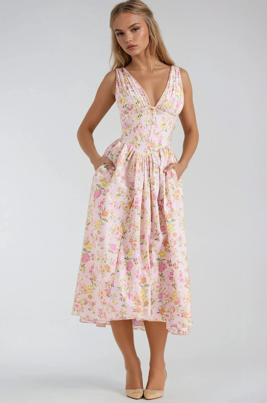 Miranda | Women's Sleeveless V-Neck Midi Summer Dress in Pink