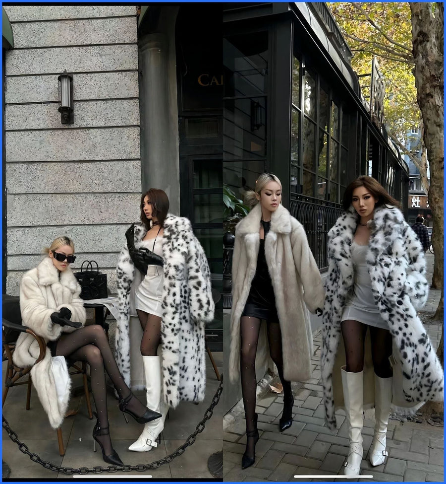 Mireio | Women's Leopard Print Faux Fur Coat in White