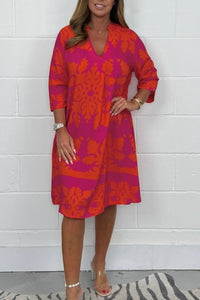 Miriam | Women's Three Quarter Sleeve Midi Summer Dress in Red
