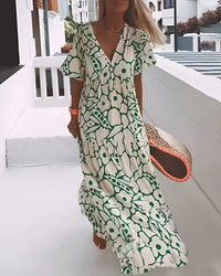 Modesty | Women's V-Neck Abstract Print Maxi Summer Dress in Green