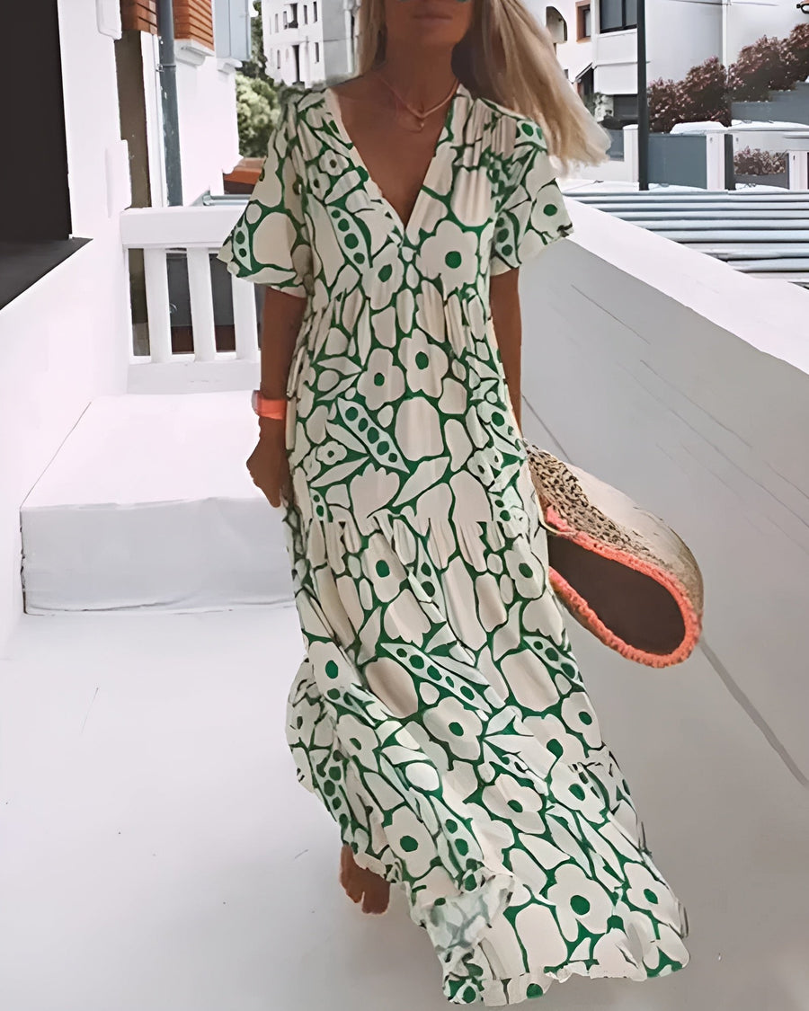 Modesty | Women's V-Neck Abstract Print Maxi Summer Dress in Green