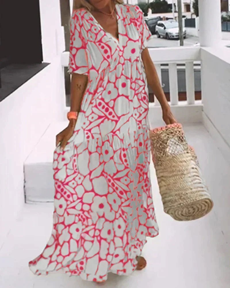 Modesty | Women's V-Neck Abstract Print Maxi Summer Dress in Pink