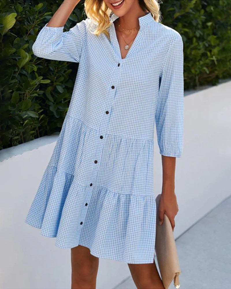 Moira | Women's V-Neck Mini Button Front Summer Dress in Blue