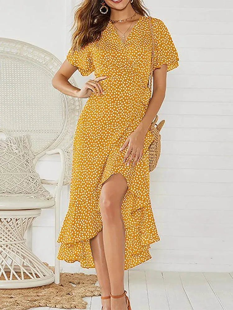 Mona | Women's Wrap Ruffle Midi Summer Dress