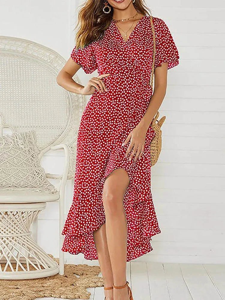 Mona | Women's Wrap Ruffle Midi Summer Dress in Red