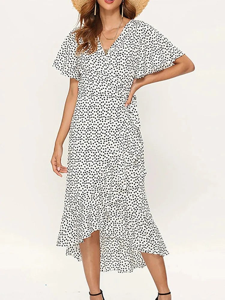 Mona | Women's Wrap Ruffle Midi Summer Dress in White