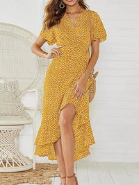 Mona | Women's Wrap Ruffle Midi Summer Dress in Yellow
