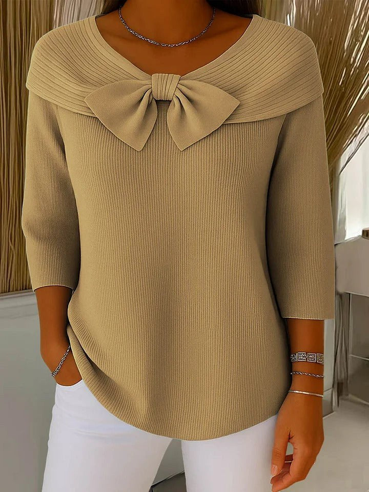 Monique | Women's Bow Detail Round Neck Sweater in Khaki