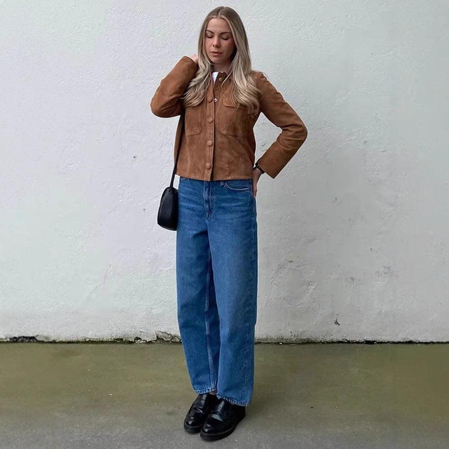 Morwenna | Women's Oversized Pockets Fashionable Leather Jacket in Light Brown