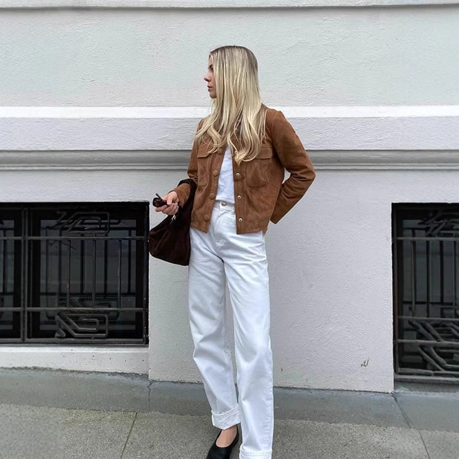 Morwenna | Women's Oversized Pockets Fashionable Leather Jacket in Light Brown