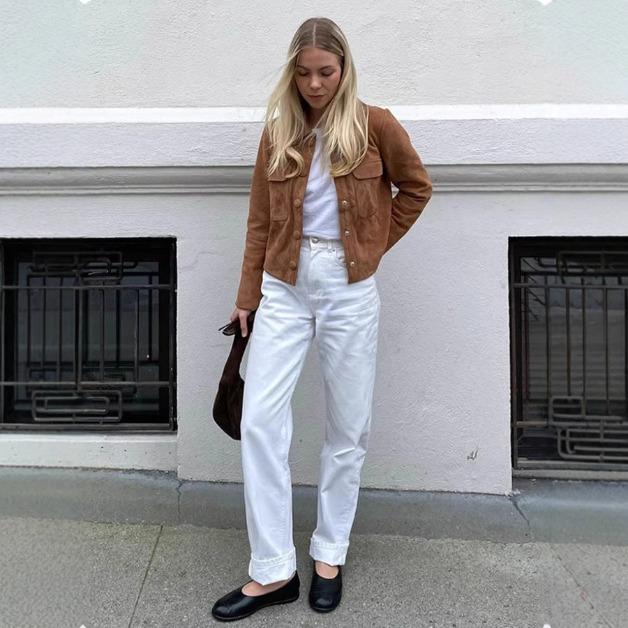 Morwenna | Women's Oversized Pockets Fashionable Leather Jacket in Light Brown
